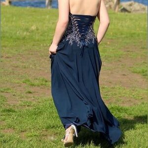 Alyce Paris PROM DRESS Size 2 Navy Blue with Lace Back and Jewels on Front